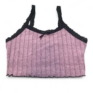 Pink crop top cami with black lace trim